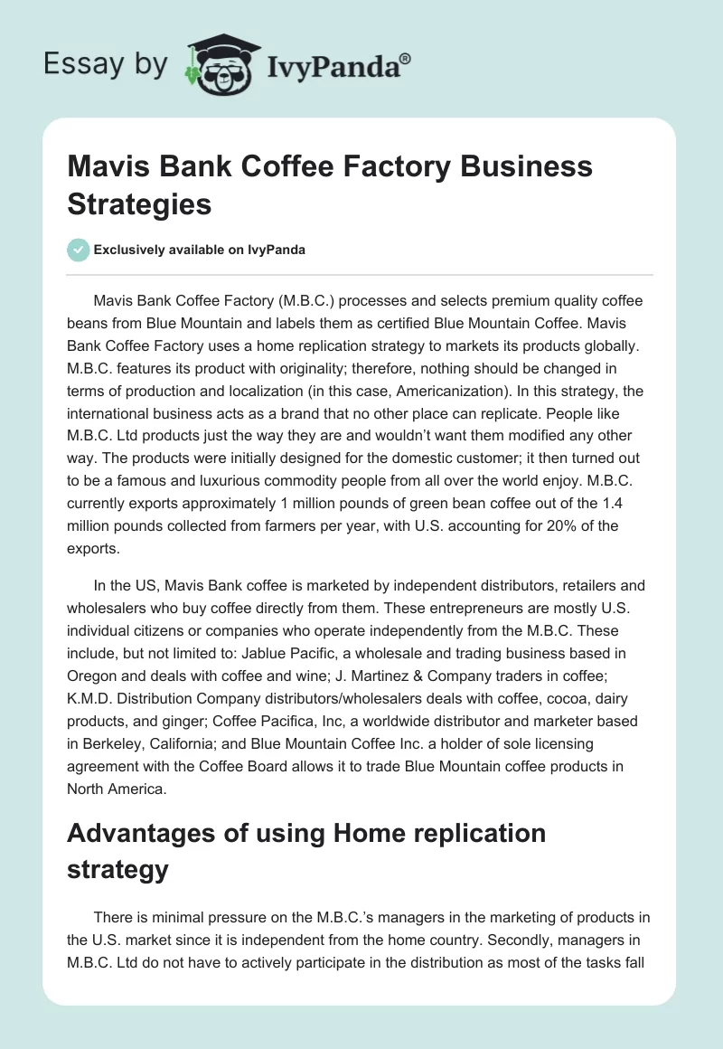 Mavis Bank Coffee Factory Business Strategies. Page 1