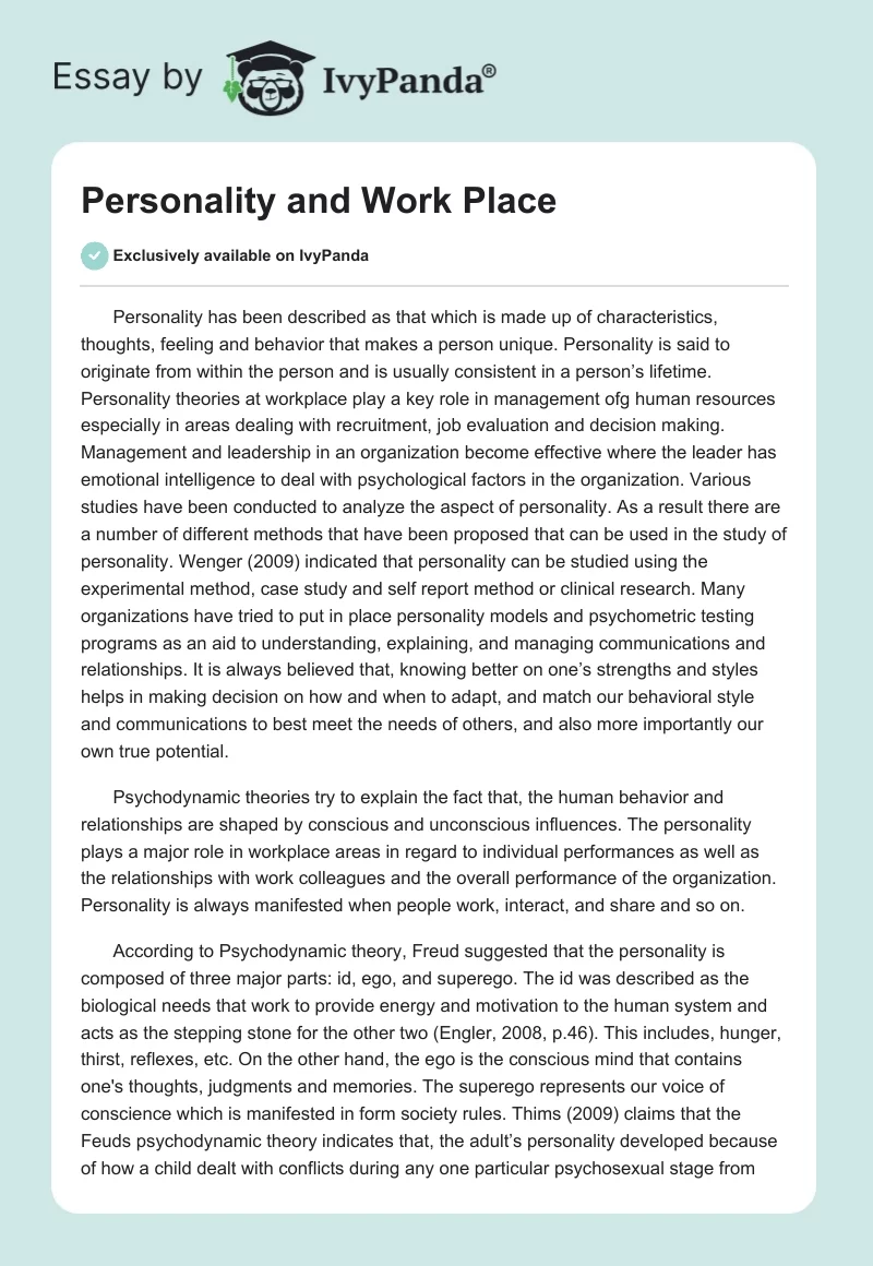 Personality and Work Place. Page 1