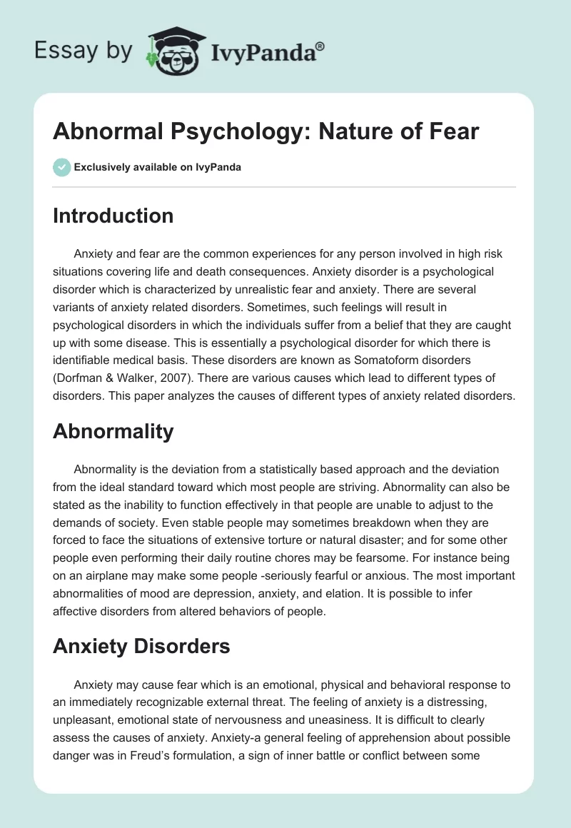 Abnormal Psychology: Nature of Fear. Page 1