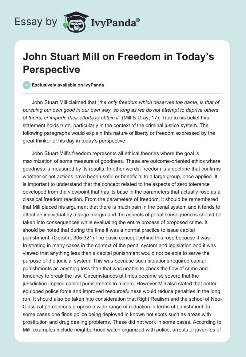John Stuart Mill on Freedom in Today’s Perspective. Page 1