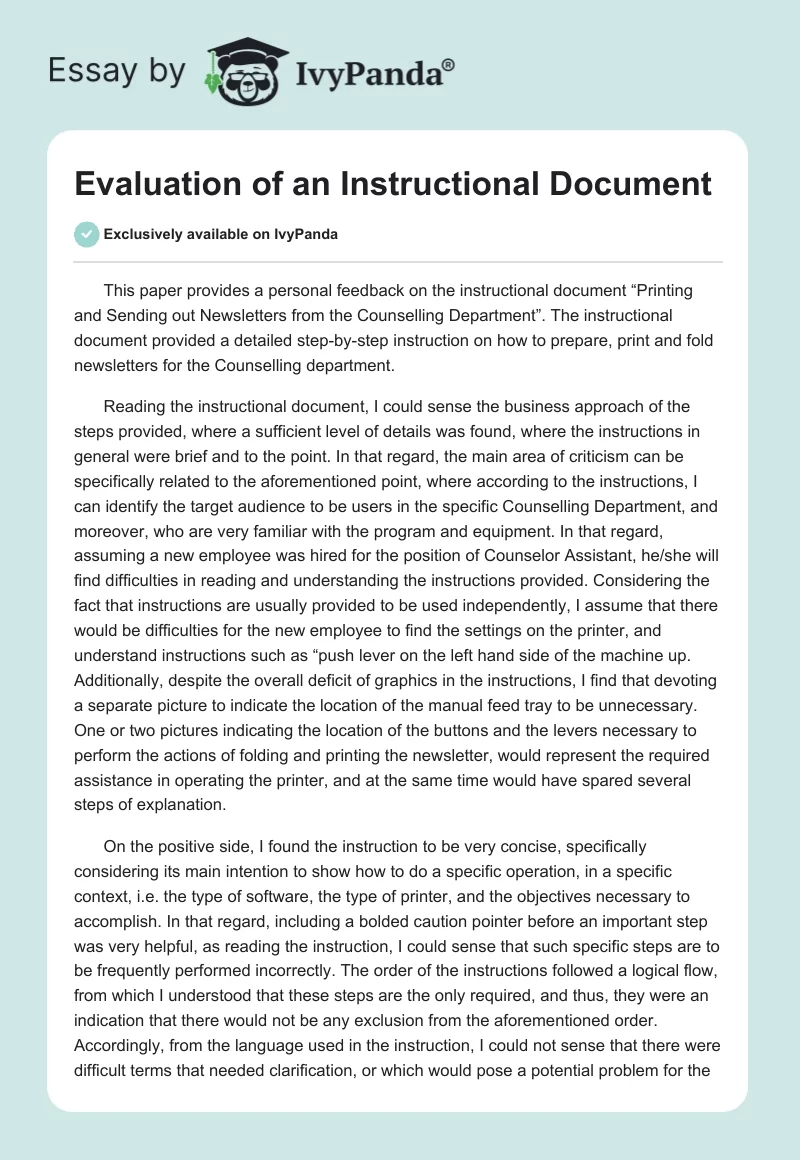 Evaluation of an Instructional Document. Page 1