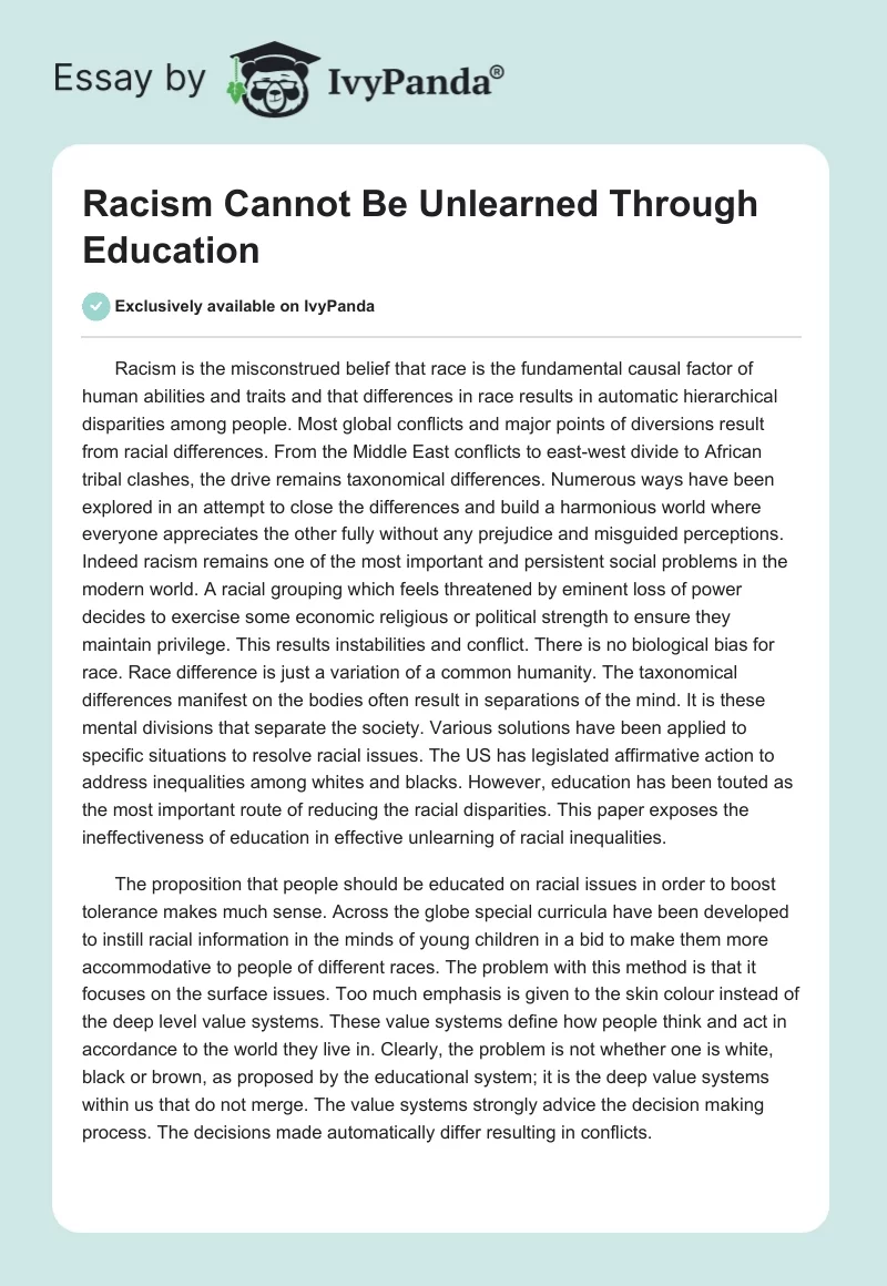 Racism Cannot Be Unlearned Through Education. Page 1