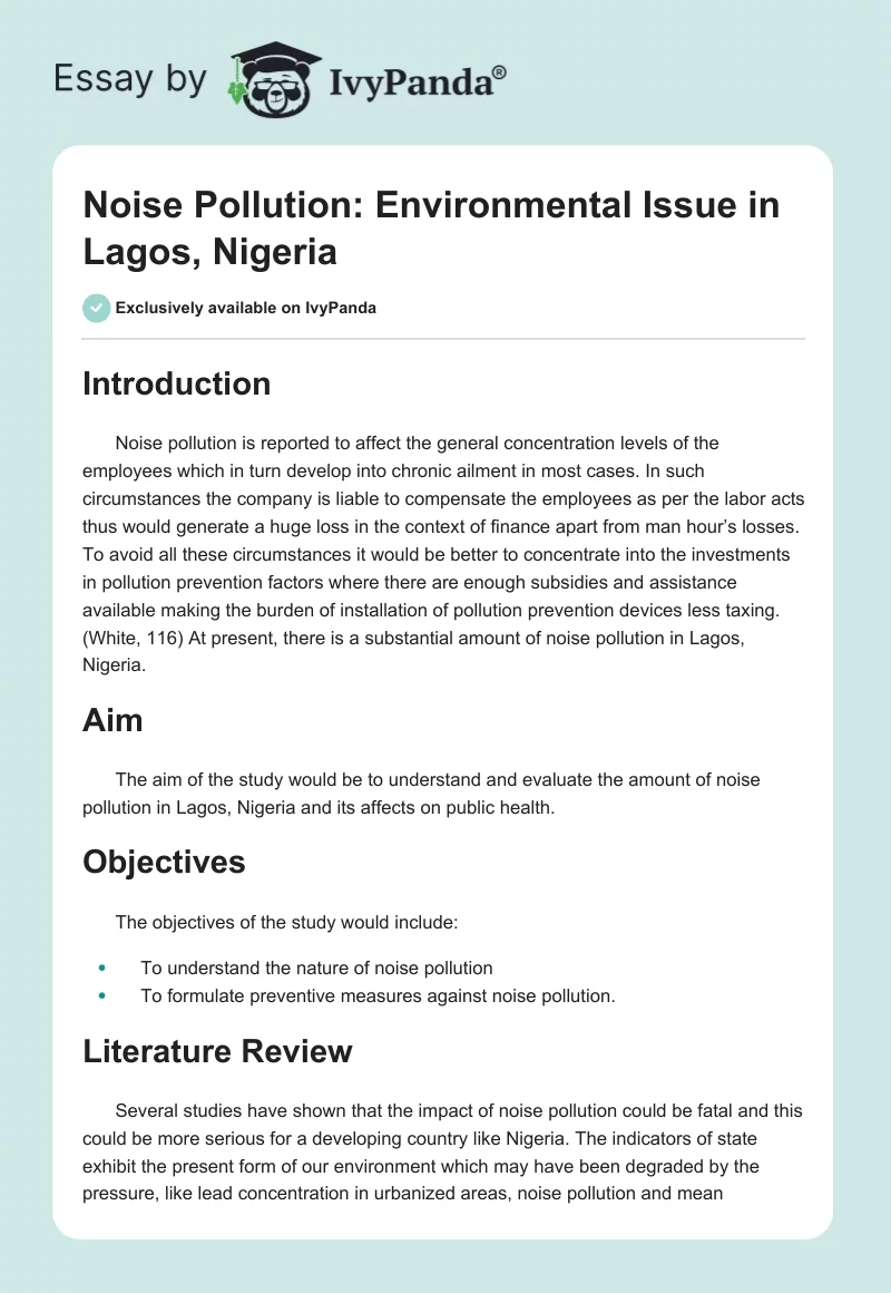 Noise Pollution: Environmental Issue in Lagos, Nigeria. Page 1