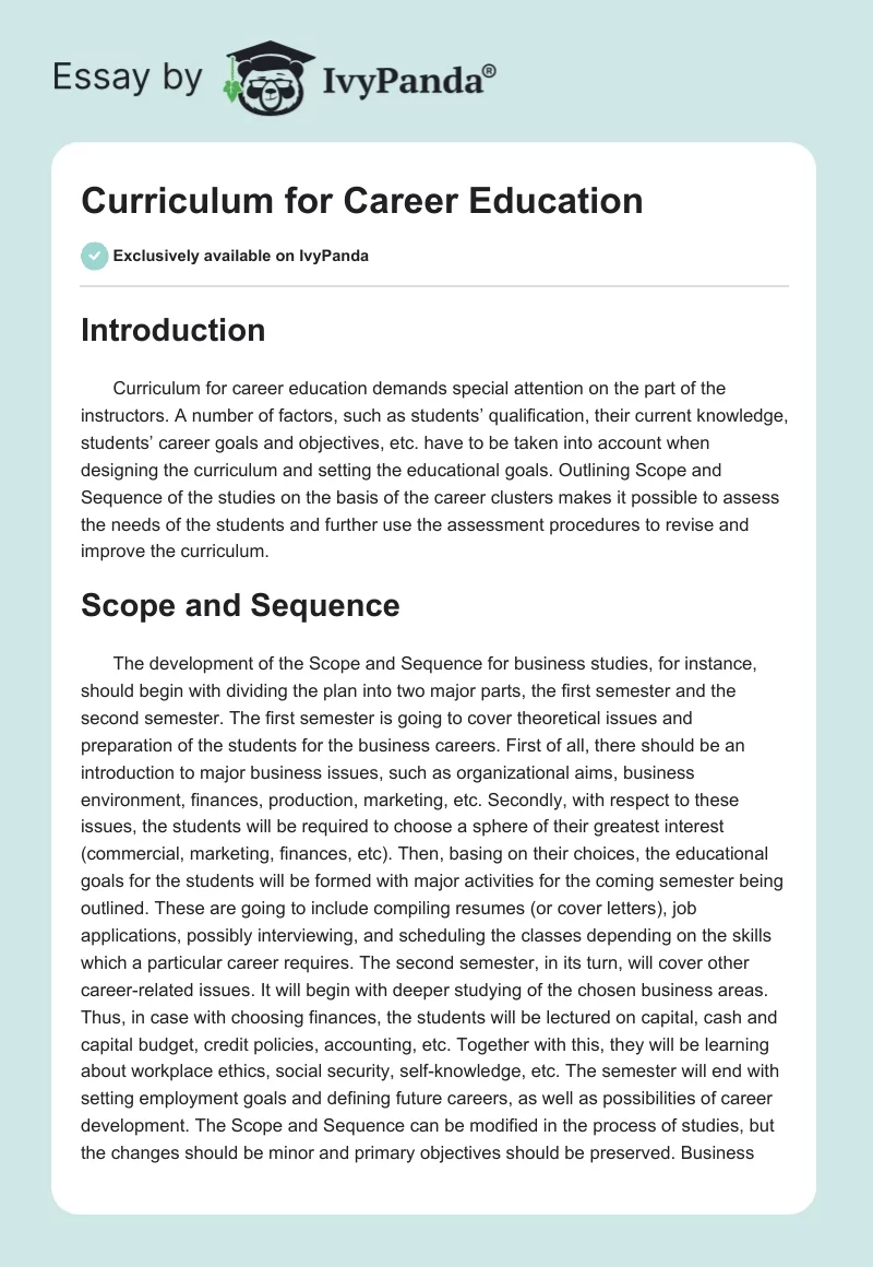 Curriculum for Career Education. Page 1