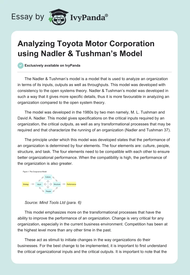 Analyzing Toyota Motor Corporation Using Nadler & Tushman’s Model. Page 1