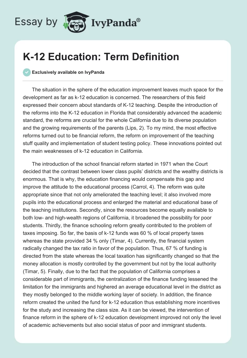 K-12 Education: Term Definition. Page 1