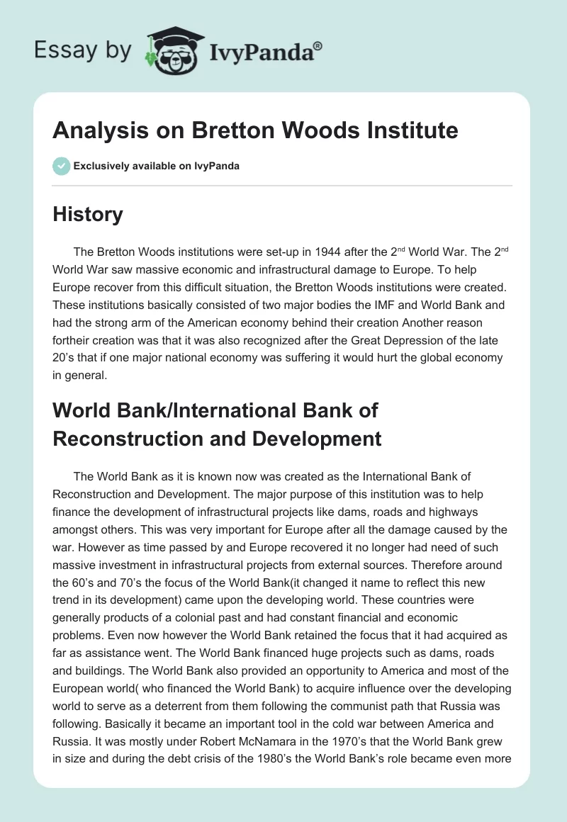 Analysis on Bretton Woods Institute. Page 1