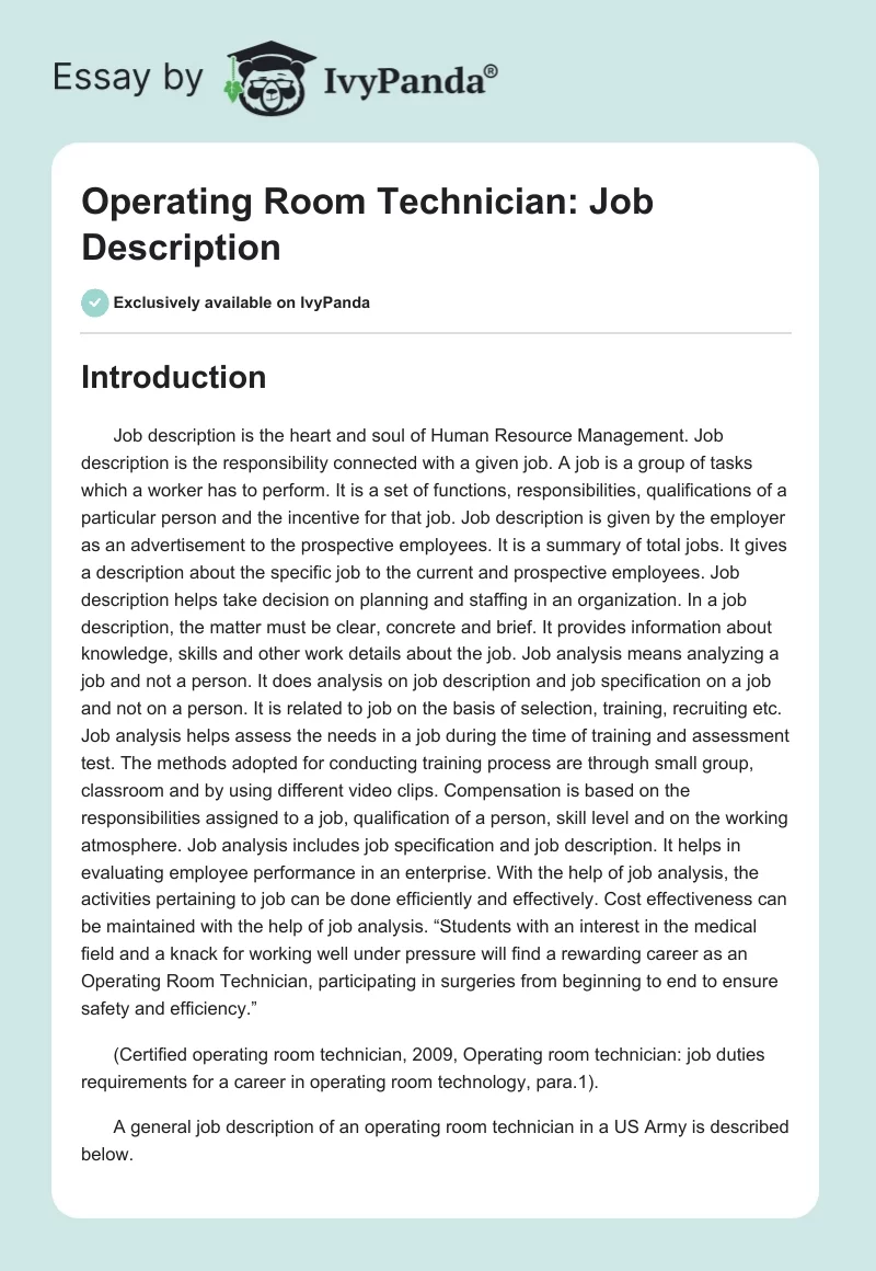 Operating Room Technician: Job Description. Page 1