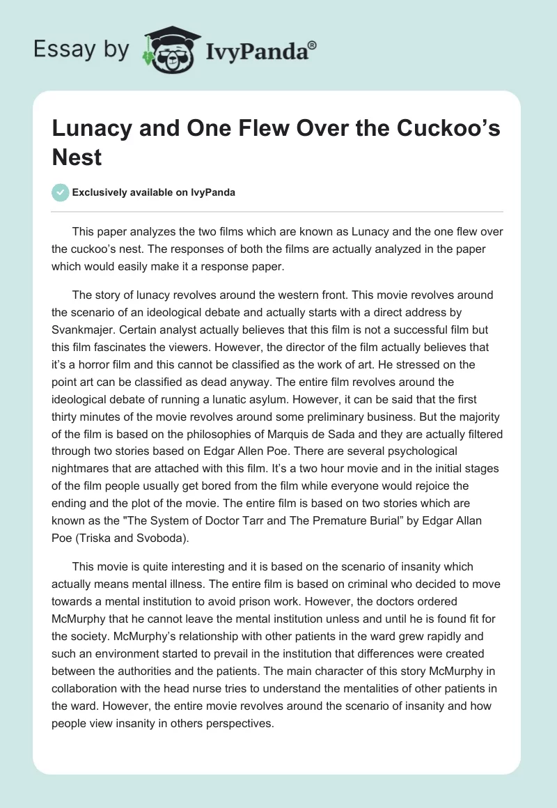 Lunacy and "One Flew Over the Cuckoo’s Nest". Page 1