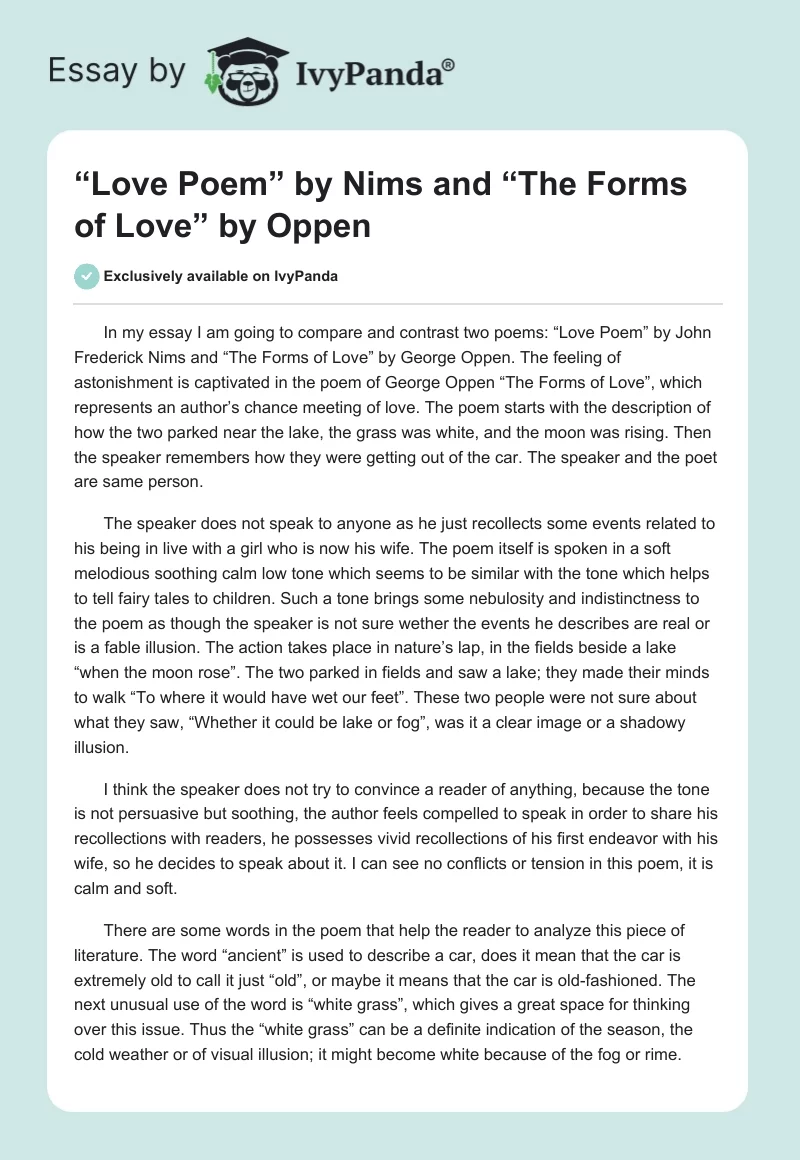 Love Poem by Nims and The Forms of Love by Oppen - 1004 Words