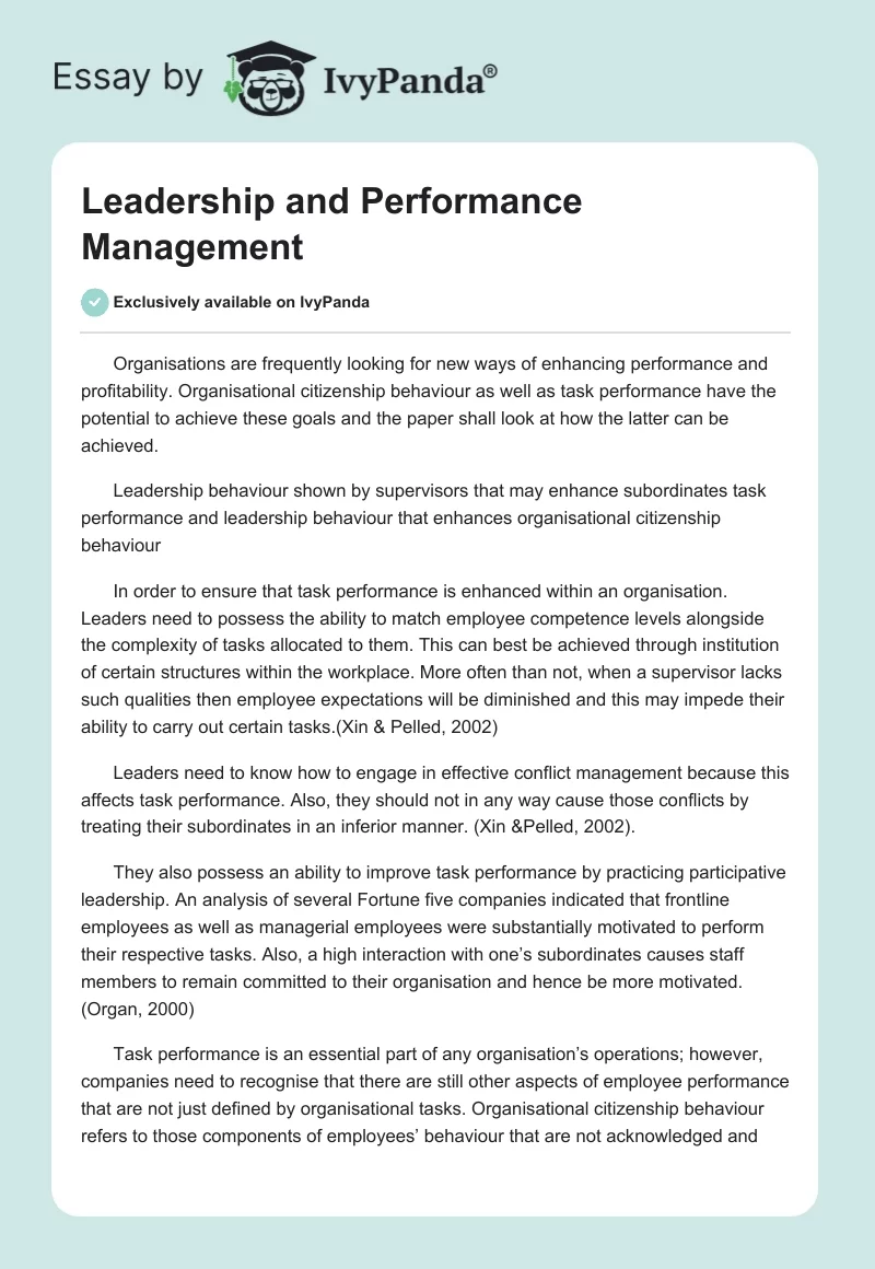 Leadership and Performance Management - 996 Words | Essay Example