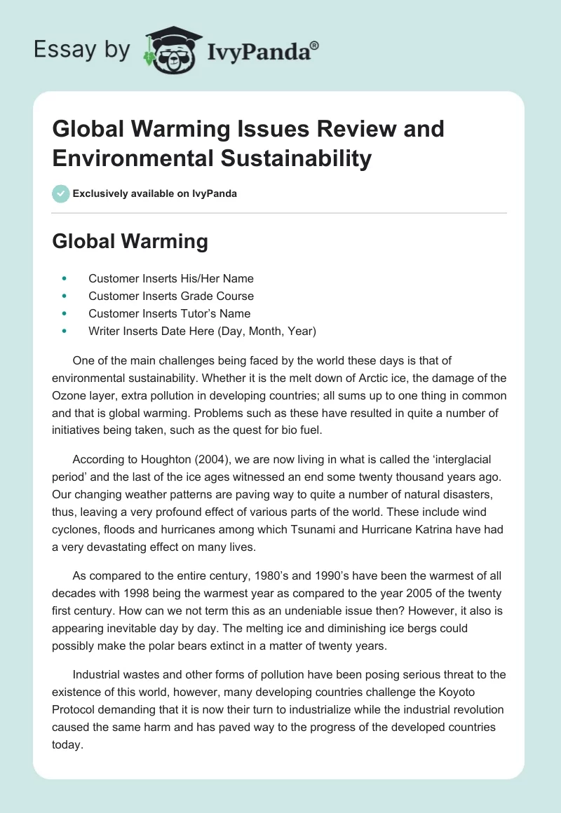 Global Warming Issues Review and Environmental Sustainability. Page 1