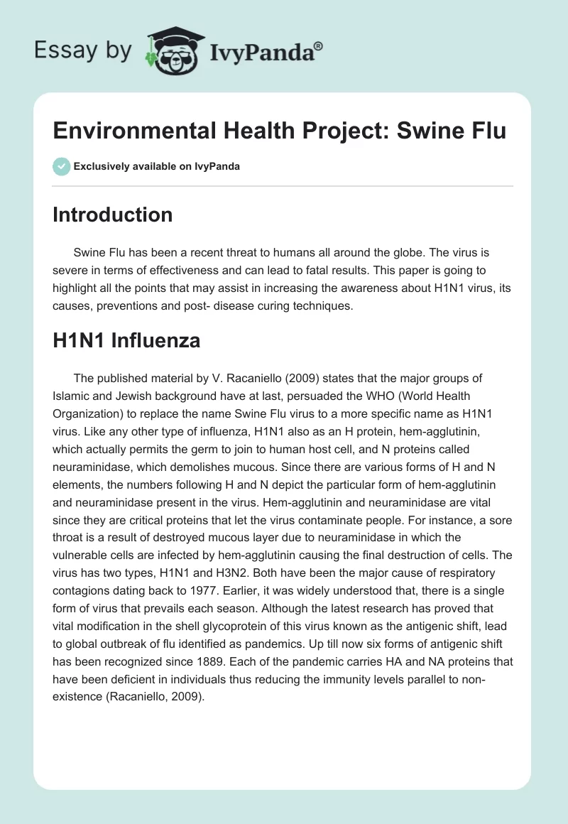 Environmental Health Project: Swine Flu. Page 1
