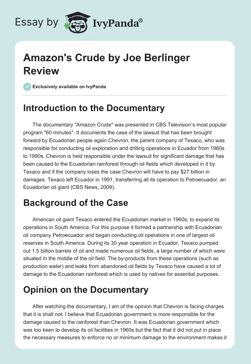 Amazon's Crude by Joe Berlinger Review. Page 1