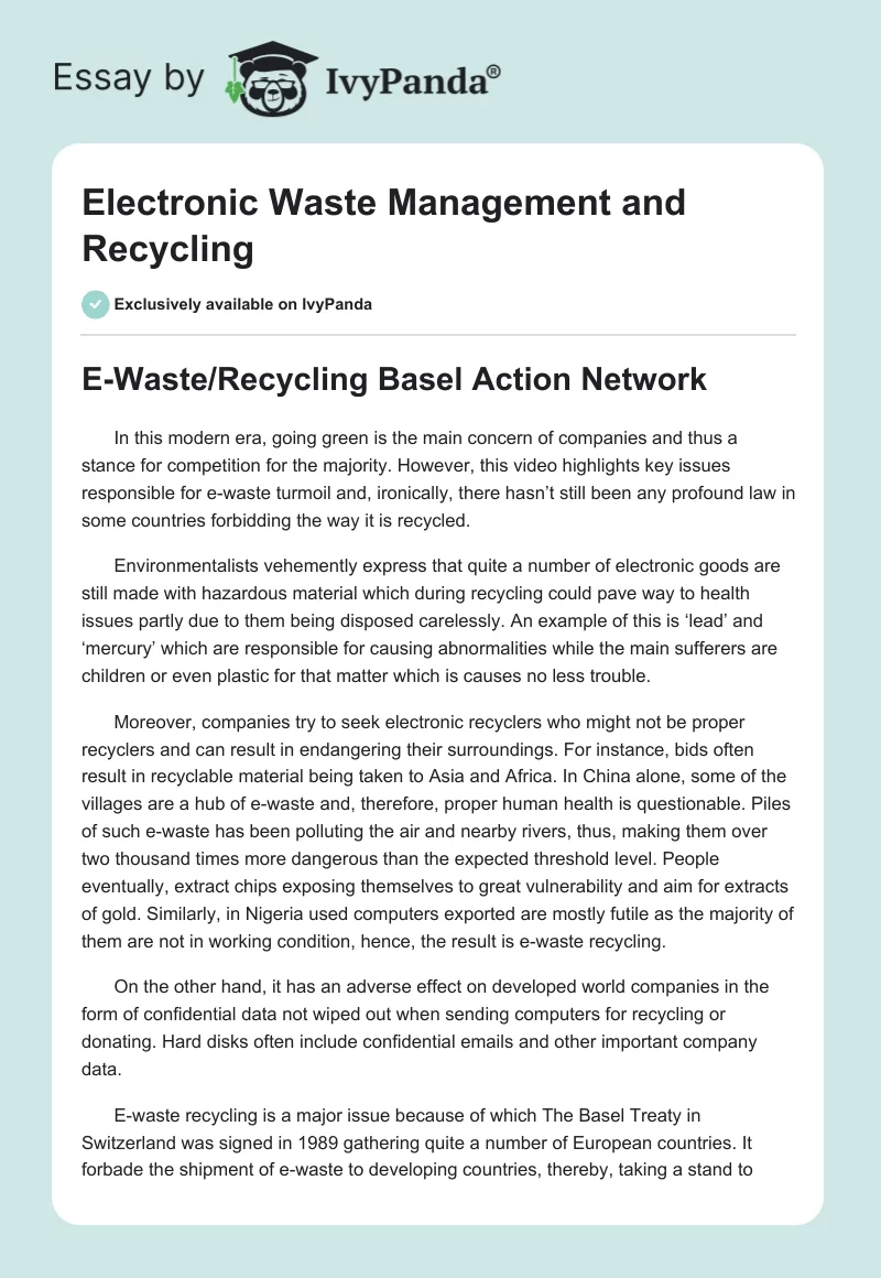 Electronic Waste Management and Recycling. Page 1