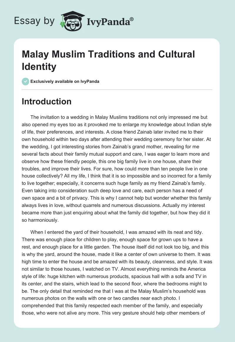 Malay Muslim Traditions and Cultural Identity. Page 1