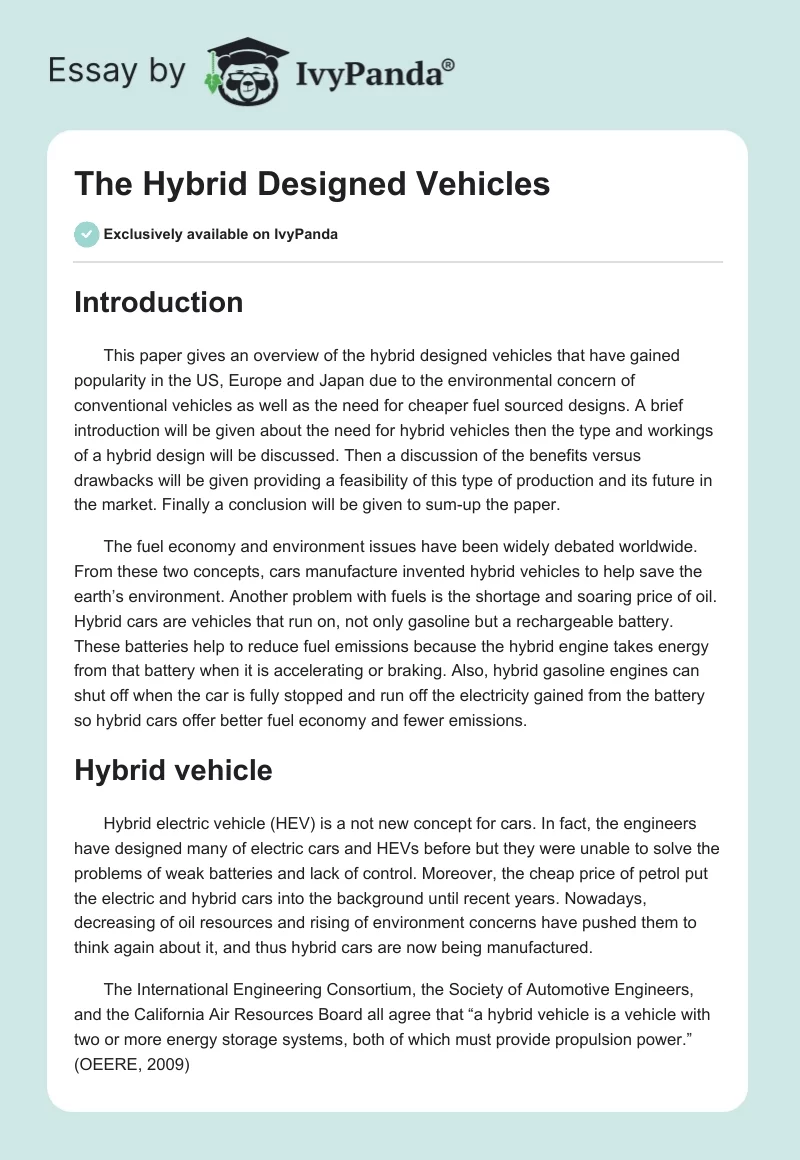 The Hybrid Designed Vehicles. Page 1