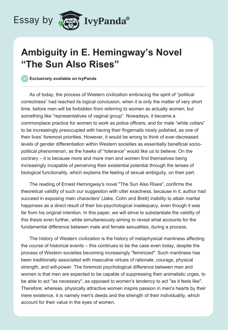 Ambiguity in E. Hemingway’s Novel “The Sun Also Rises”. Page 1