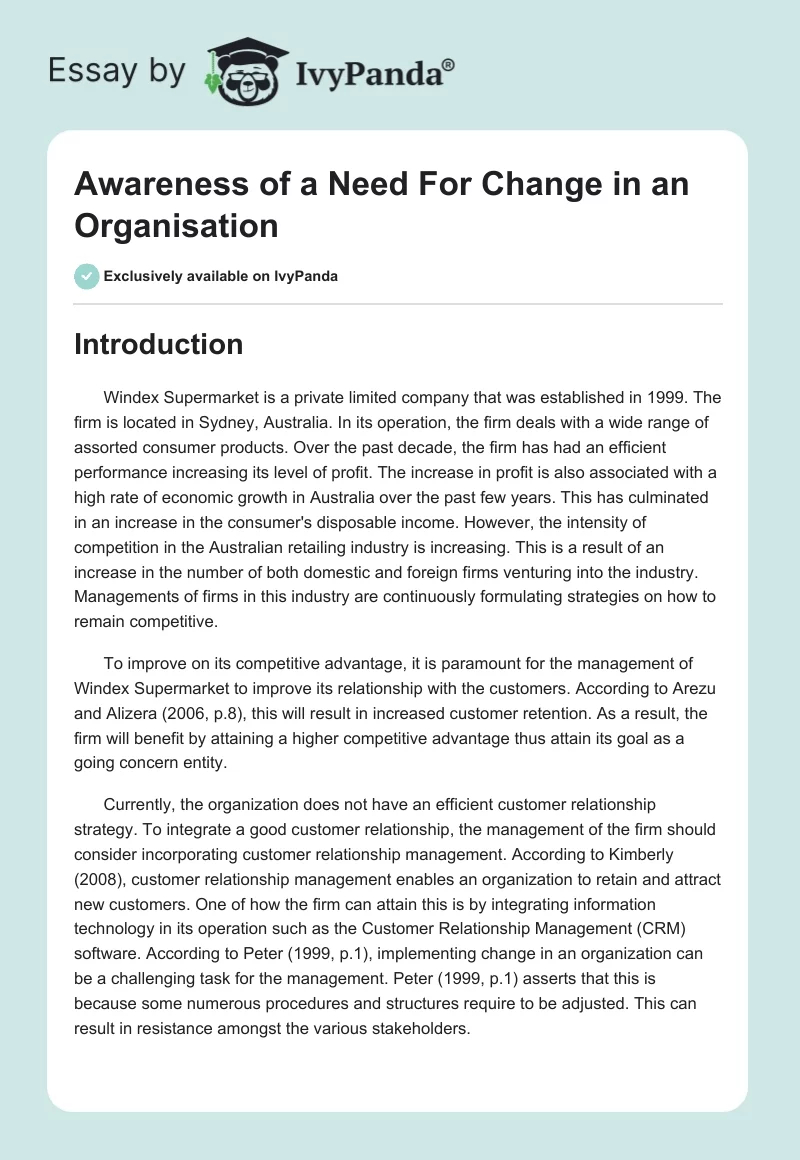 Awareness of a Need For Change in an Organisation. Page 1