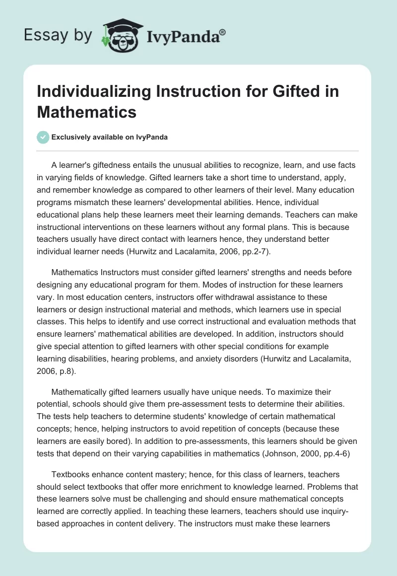 Individualizing Instruction for Gifted in Mathematics. Page 1