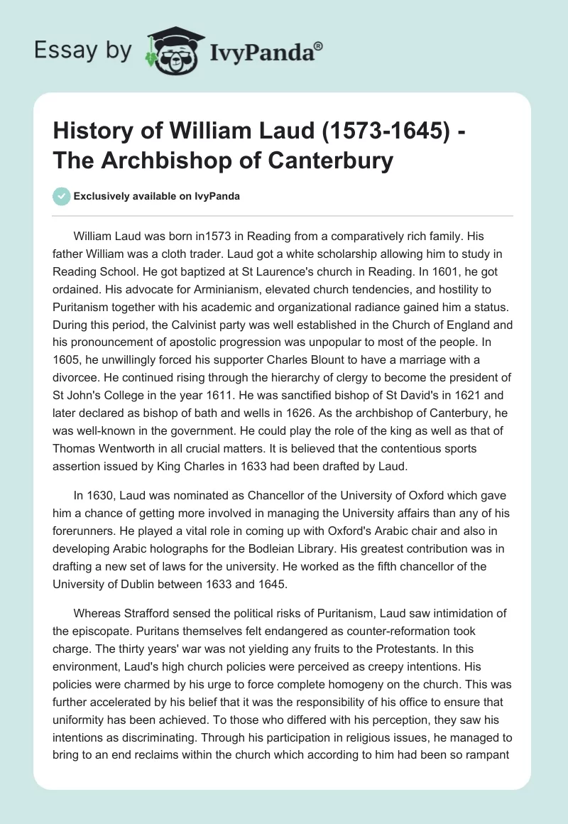 History of William Laud (1573-1645) -  The Archbishop of Canterbury. Page 1