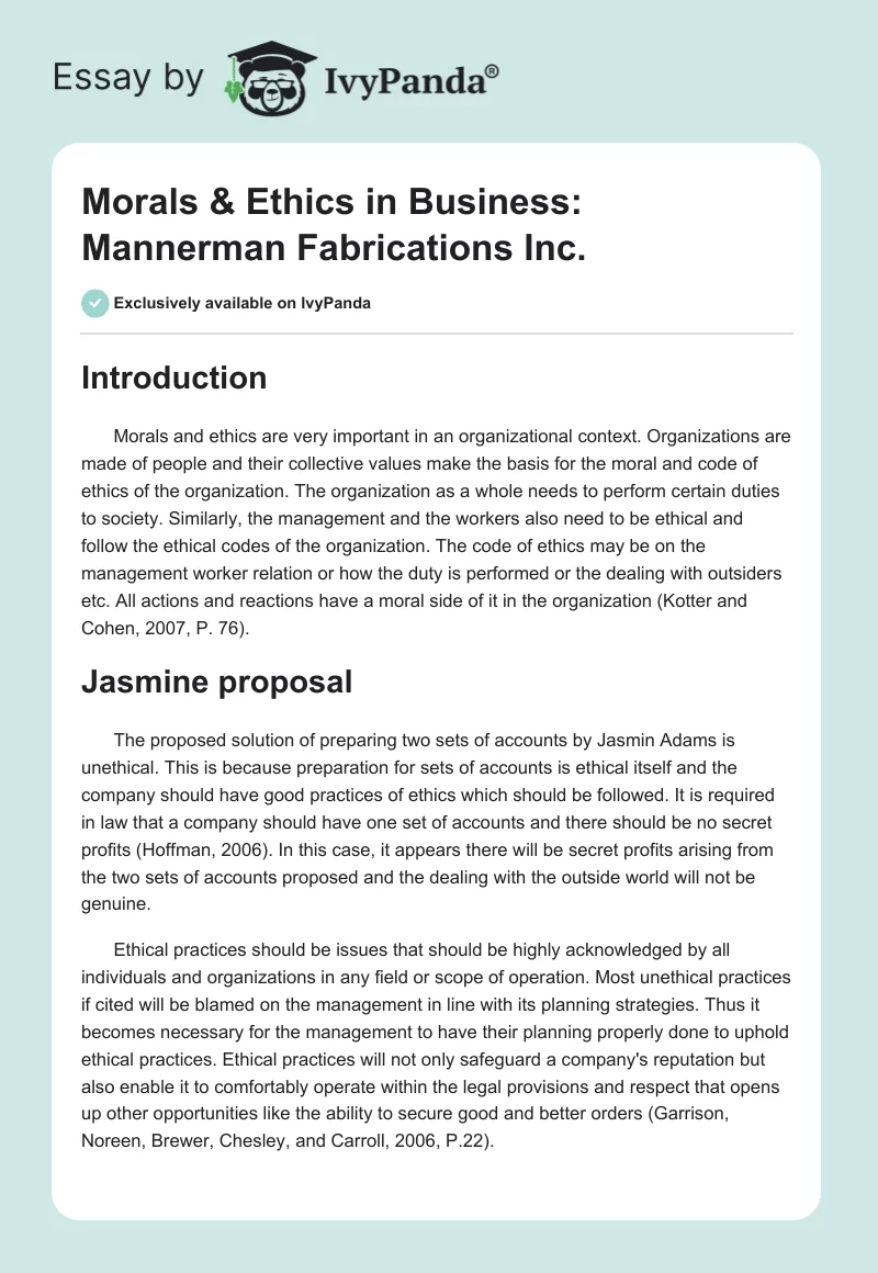 Morals & Ethics in Business: Mannerman Fabrications Inc.. Page 1