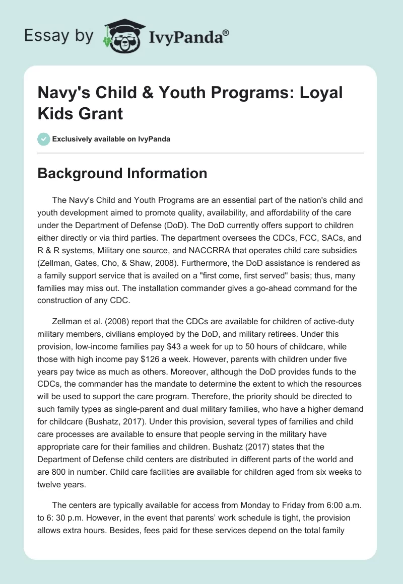 Navy's Child & Youth Programs: Loyal Kids Grant. Page 1