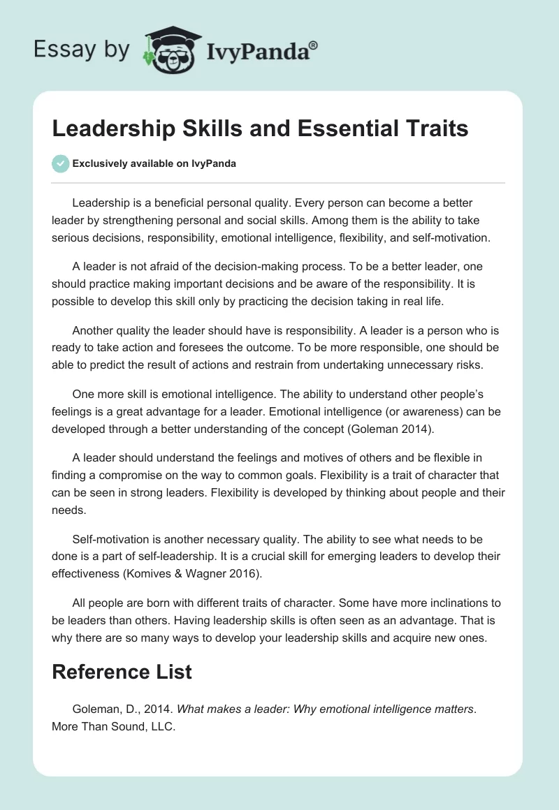 Leadership Skills and Essential Traits. Page 1