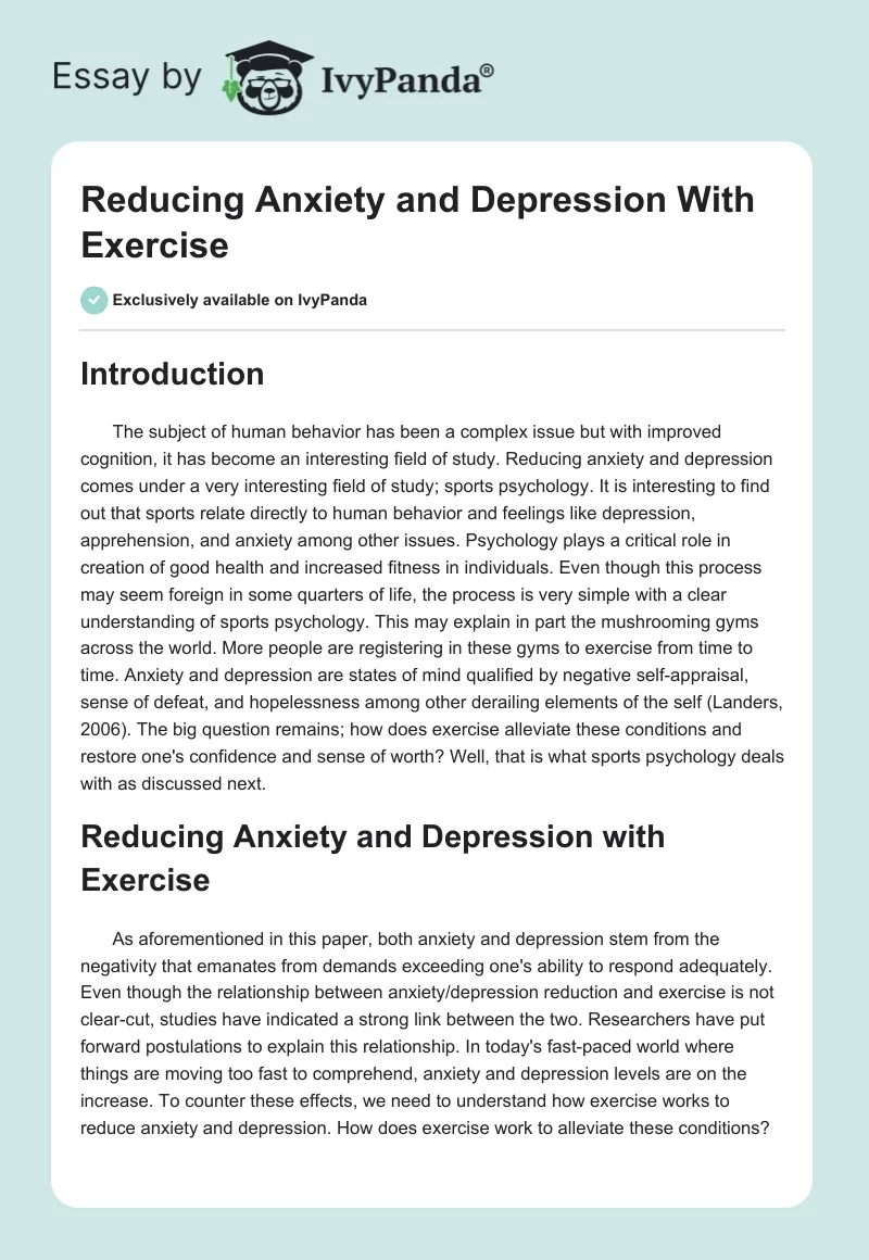 Reducing Anxiety and Depression With Exercise. Page 1