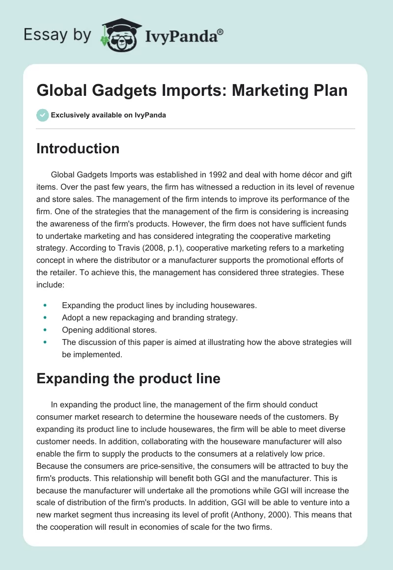 Global Gadgets Imports: Marketing Plan. Page 1