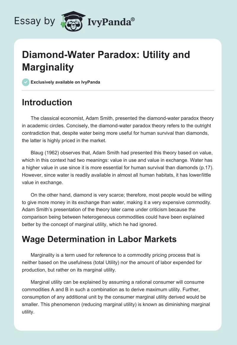 Diamond-Water Paradox: Utility and Marginality. Page 1