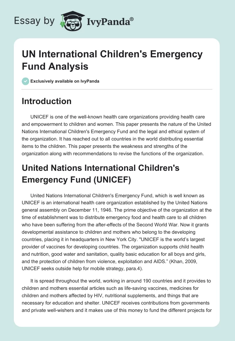 UN International Children's Emergency Fund Analysis. Page 1