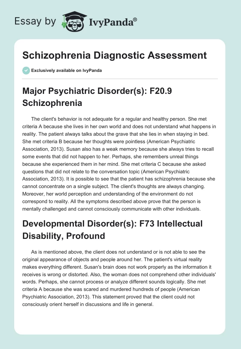 Schizophrenia Diagnostic Assessment. Page 1