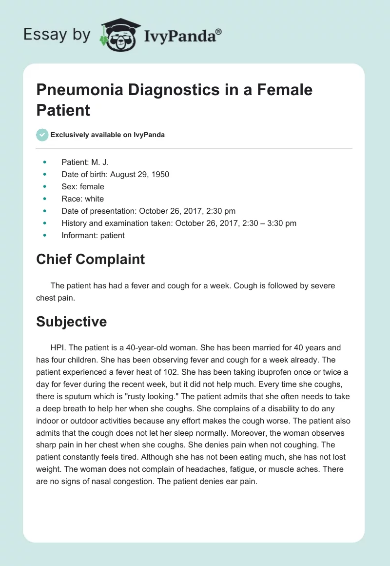 Pneumonia Diagnostics in a Female Patient. Page 1