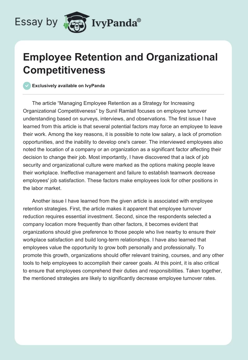 Employee Retention and Organizational Competitiveness. Page 1