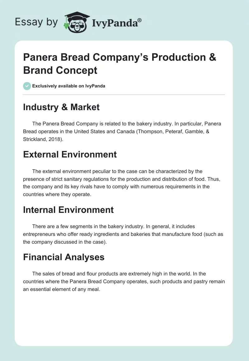 Panera Bread Company’s Production & Brand Concept. Page 1