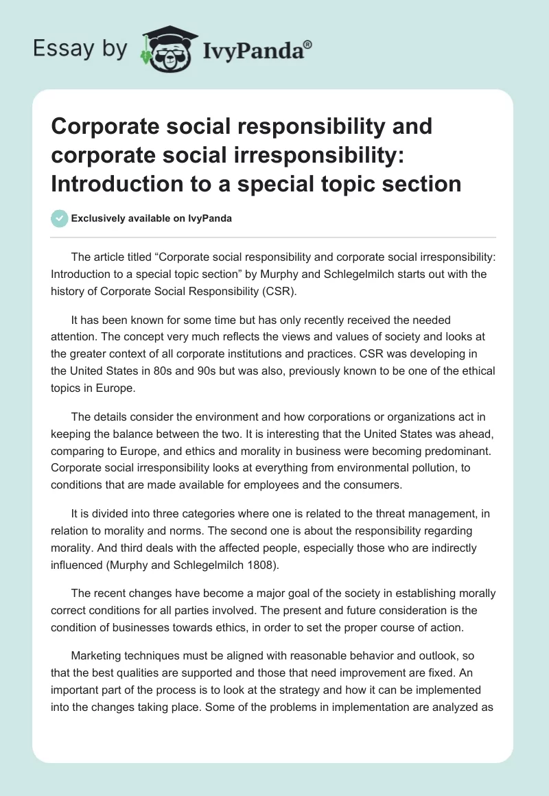 Corporate social responsibility and corporate social irresponsibility: Introduction to a special topic section. Page 1