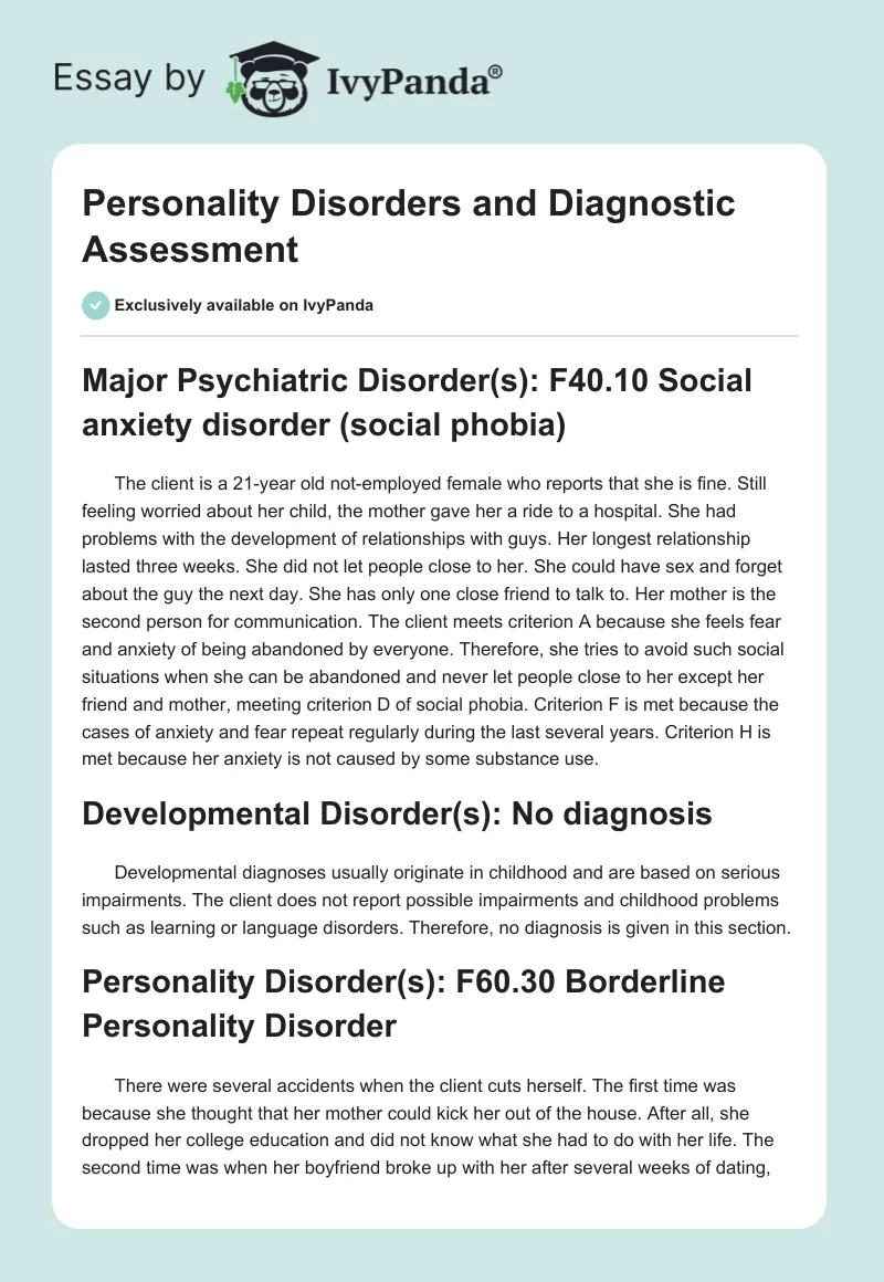 Personality Disorders and Diagnostic Assessment. Page 1