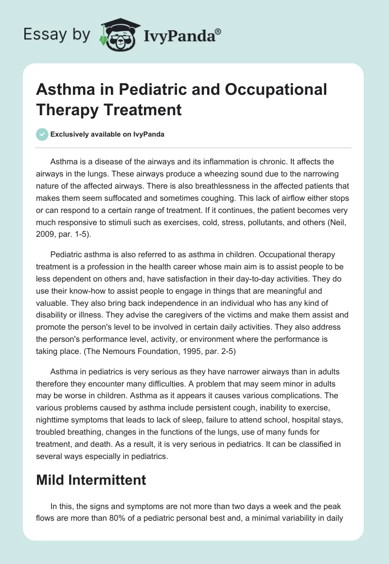 Asthma in Pediatric and Occupational Therapy Treatment. Page 1