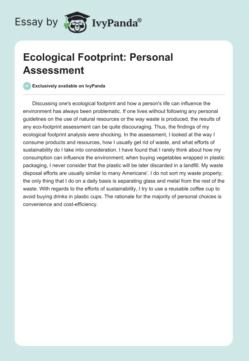 Ecological Footprint: Personal Assessment. Page 1
