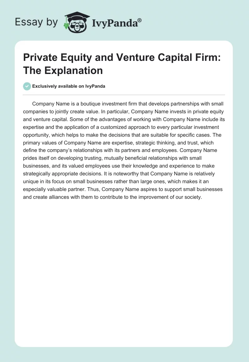 Private Equity and Venture Capital Firm: The Explanation. Page 1