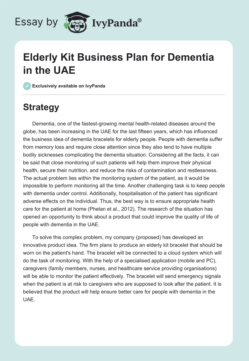 Elderly Kit Business Plan for Dementia in the UAE. Page 1