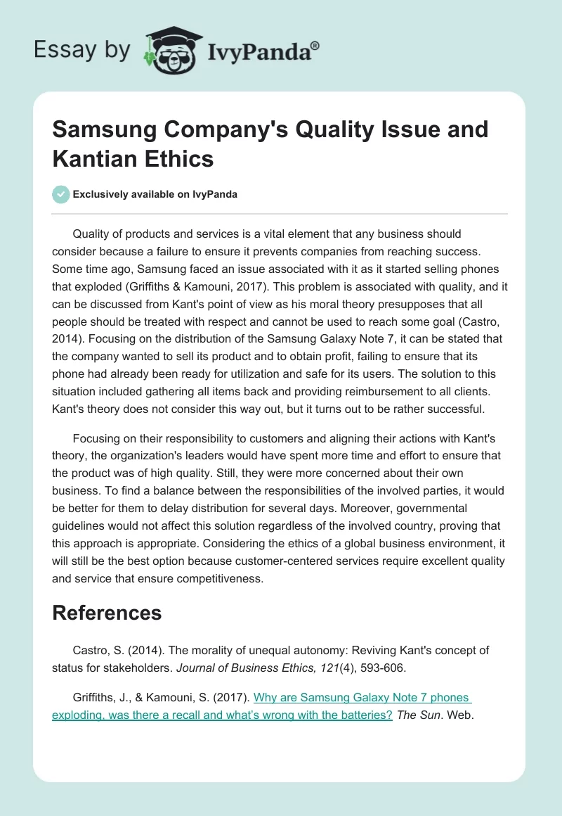 Samsung Company's Quality Issue and Kantian Ethics. Page 1