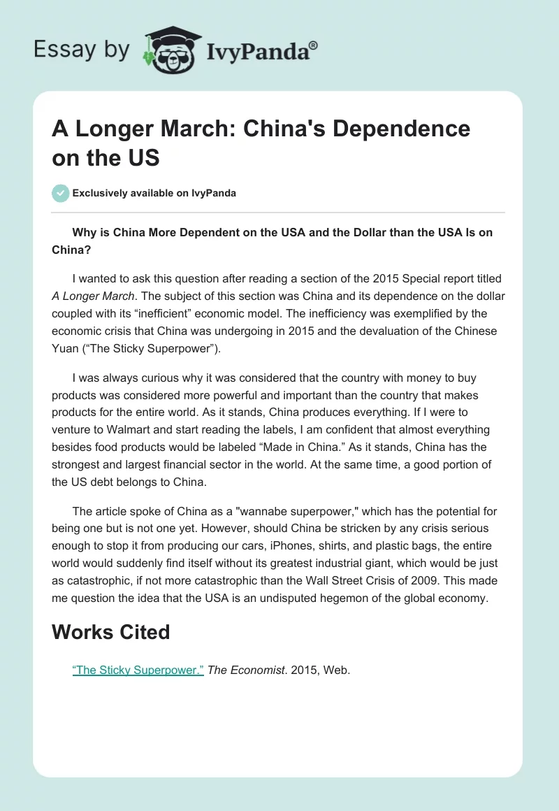 A Longer March: China's Dependence on the US. Page 1