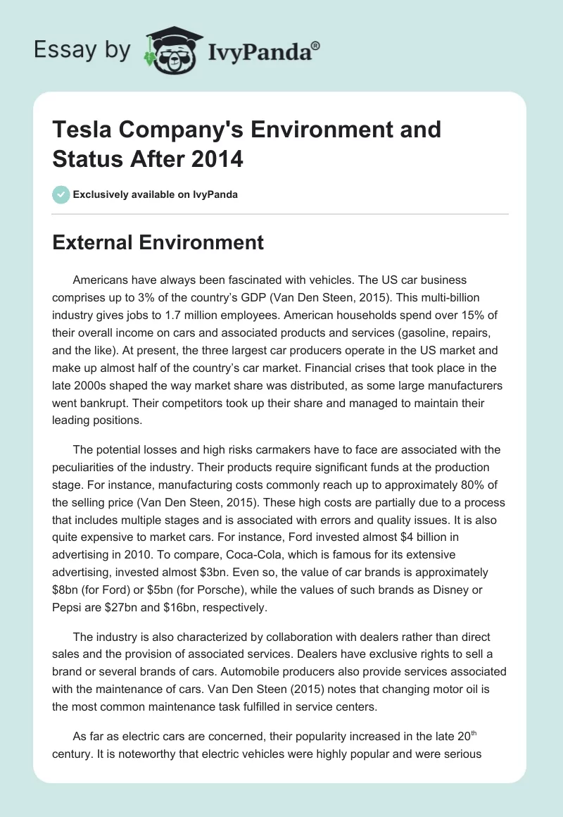 Tesla Company's Environment and Status After 2014. Page 1