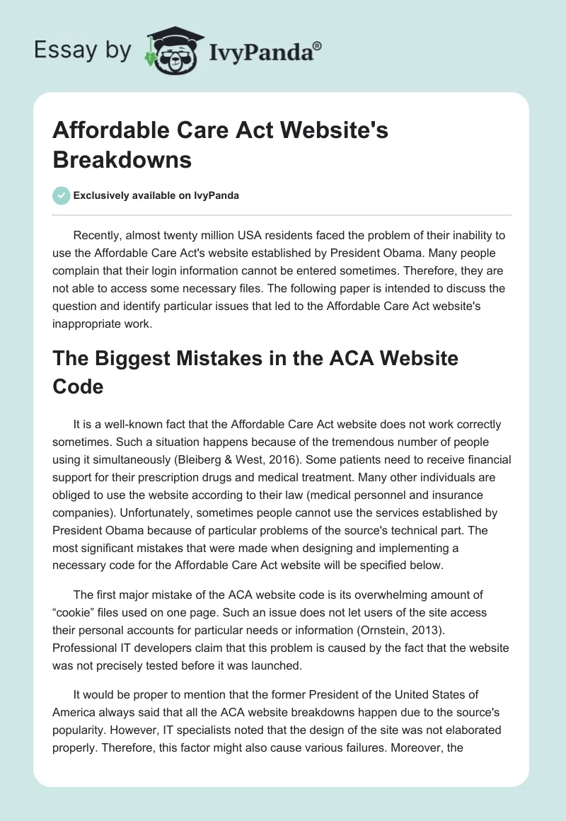 Affordable Care Act Website's Breakdowns. Page 1