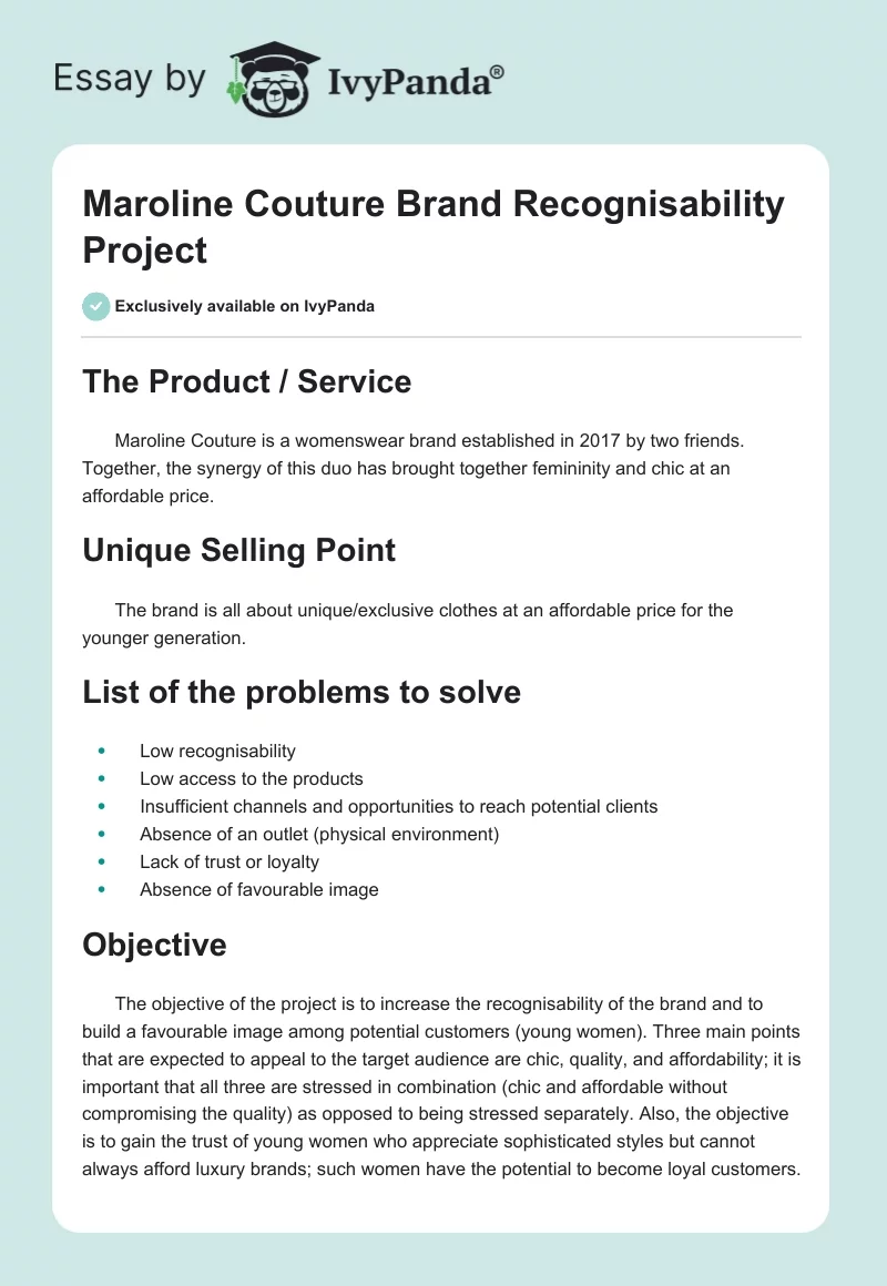 Maroline Couture Brand Recognisability Project. Page 1
