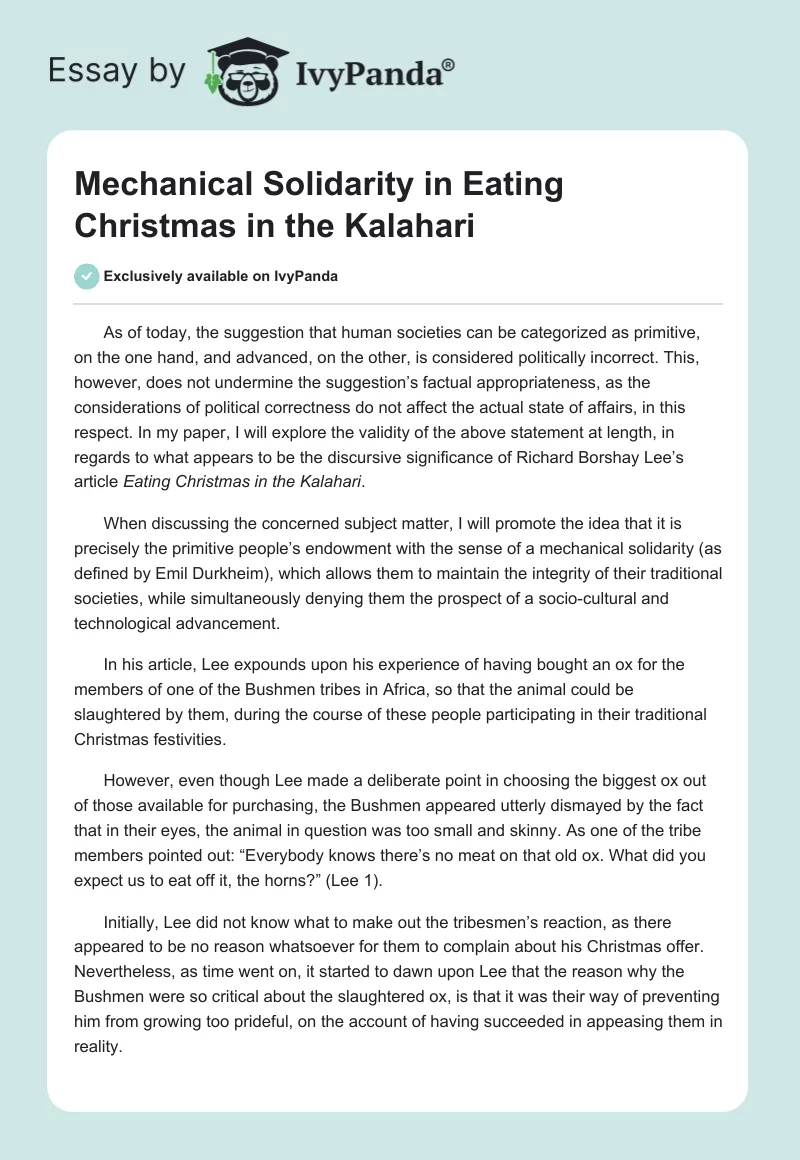Mechanical Solidarity in Eating Christmas in the Kalahari. Page 1