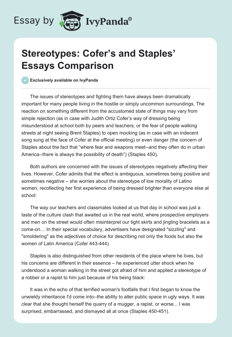 Stereotypes: Cofer’s and Staples’ Essays Comparison. Page 1