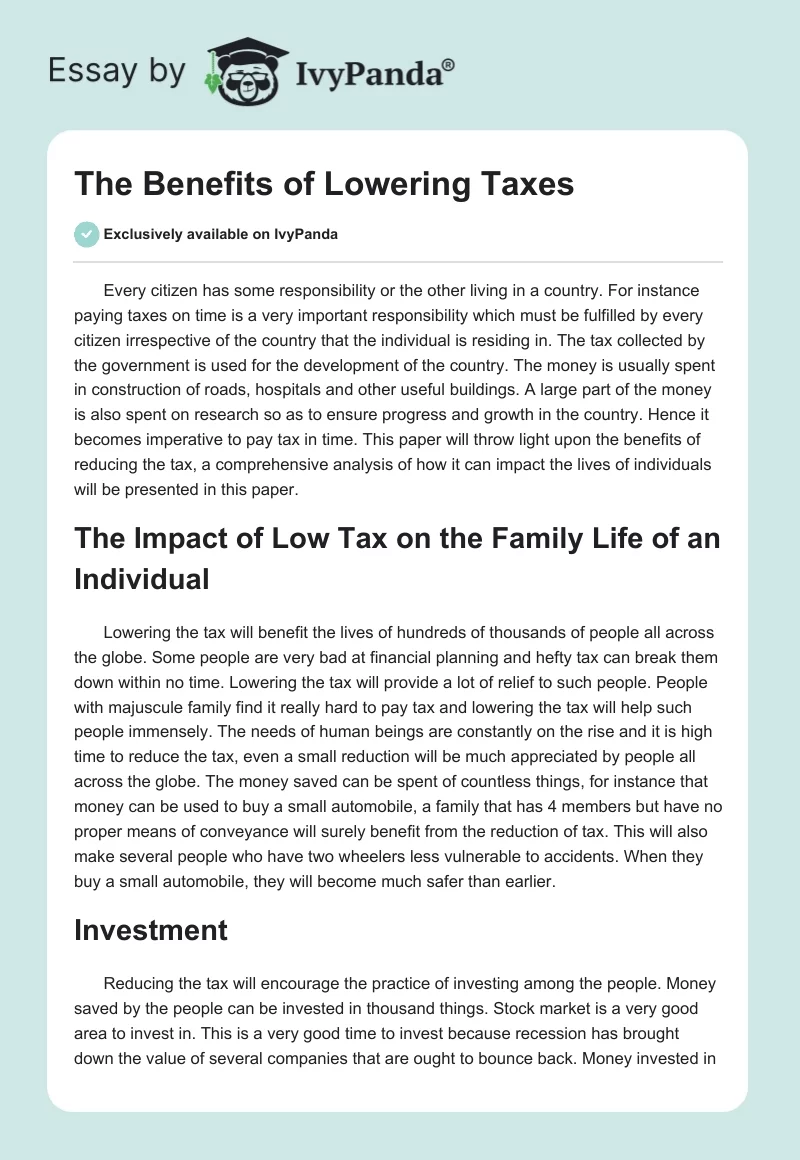 The Benefits of Lowering Taxes. Page 1
